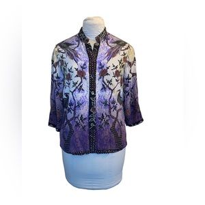 Citron Silk button down blouse mandarin collar bird print